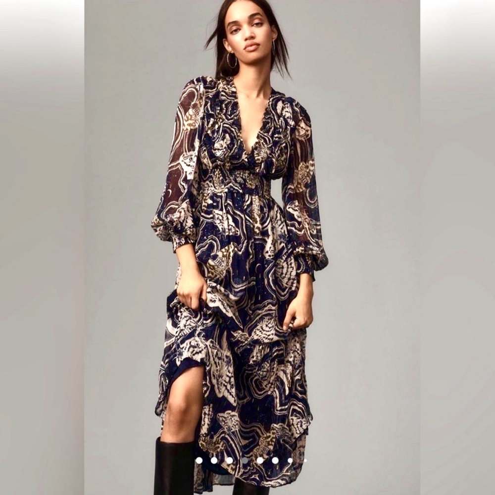 Anthropologie Printer Johnson Moth Print Long Sleeve Midi Dress XS